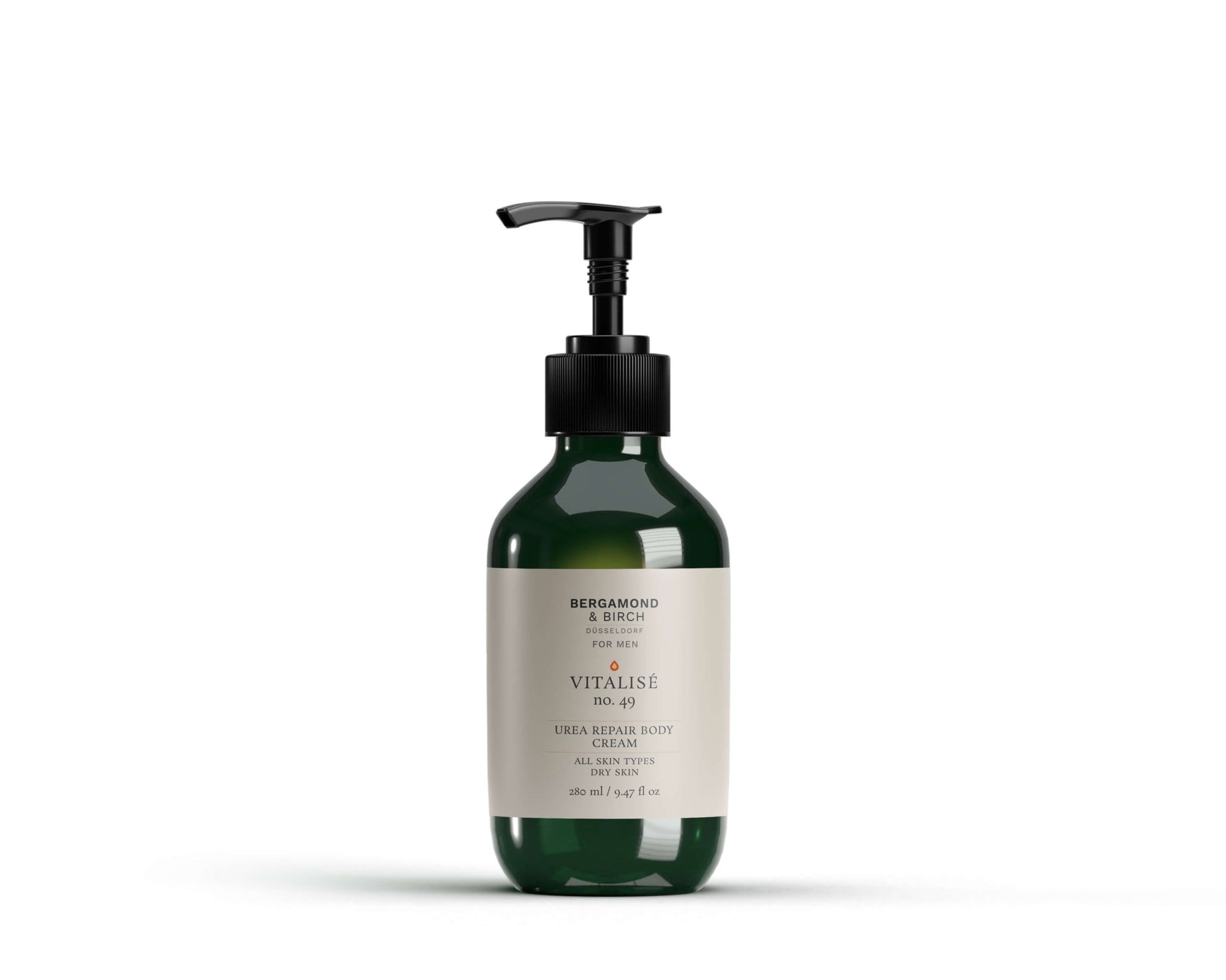 A premium green bottle of Vitalise No. 49 – Urea Repair Body Cream by Bergamond & Birch, featuring minimalist ivory labeling and a black pump. The product is designed for dry and sensitive skin, captured on a clean white background with soft shadow for a refined and professional presentation.
