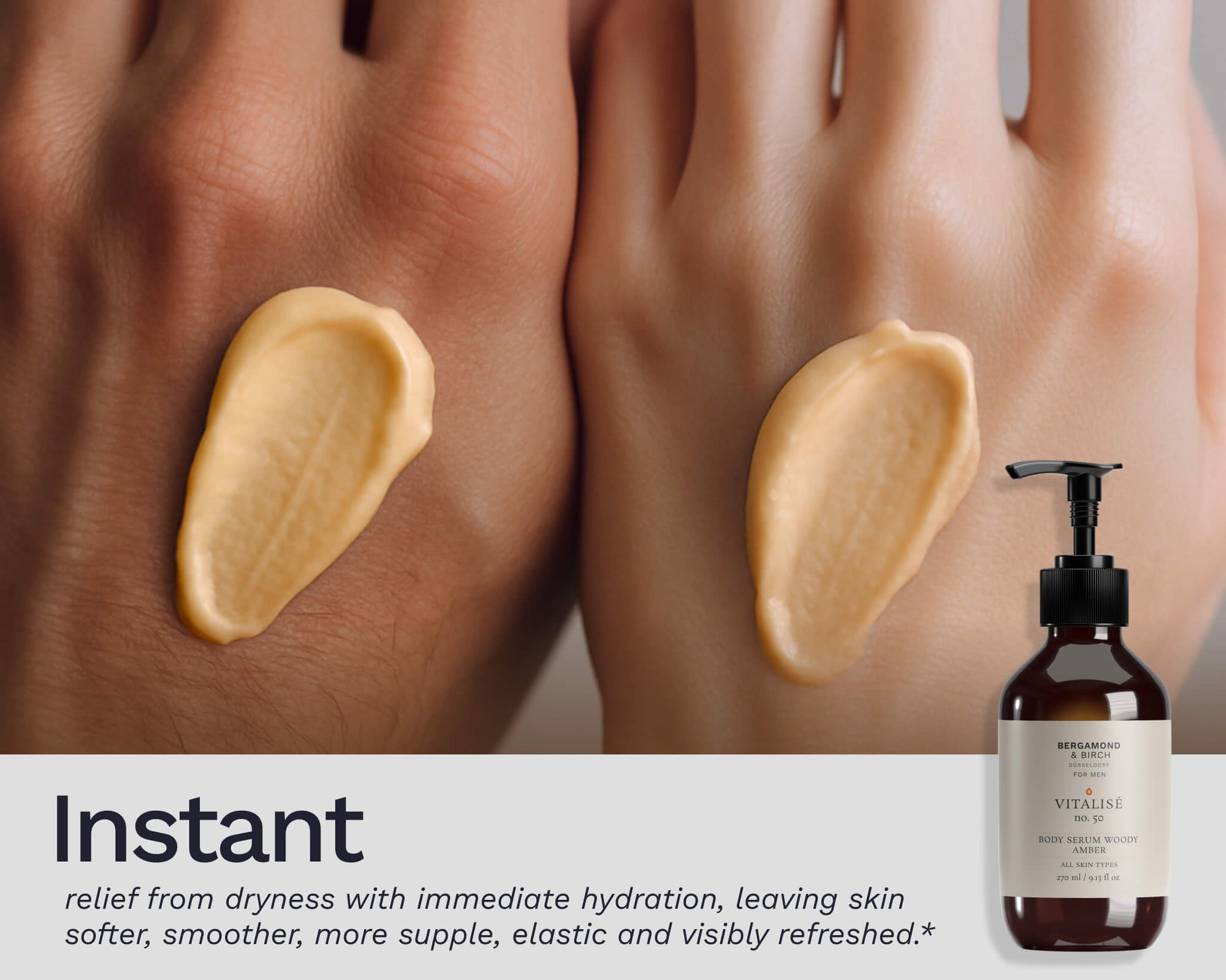Close-up of Bergamond & Birch Vitalisé No. 50 Body Serum Woody Amber cream applied to hands, showing instant hydration, smoother texture, and refreshed skin.