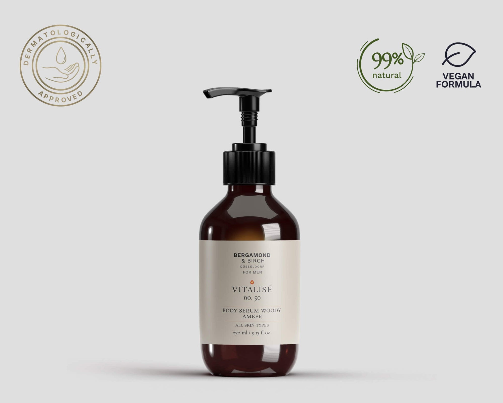 Bergamond & Birch Vitalisé No. 50 Body Serum Woody Amber product bottle with clean packaging, dermatologically approved, 99% natural and vegan formula certification icons.