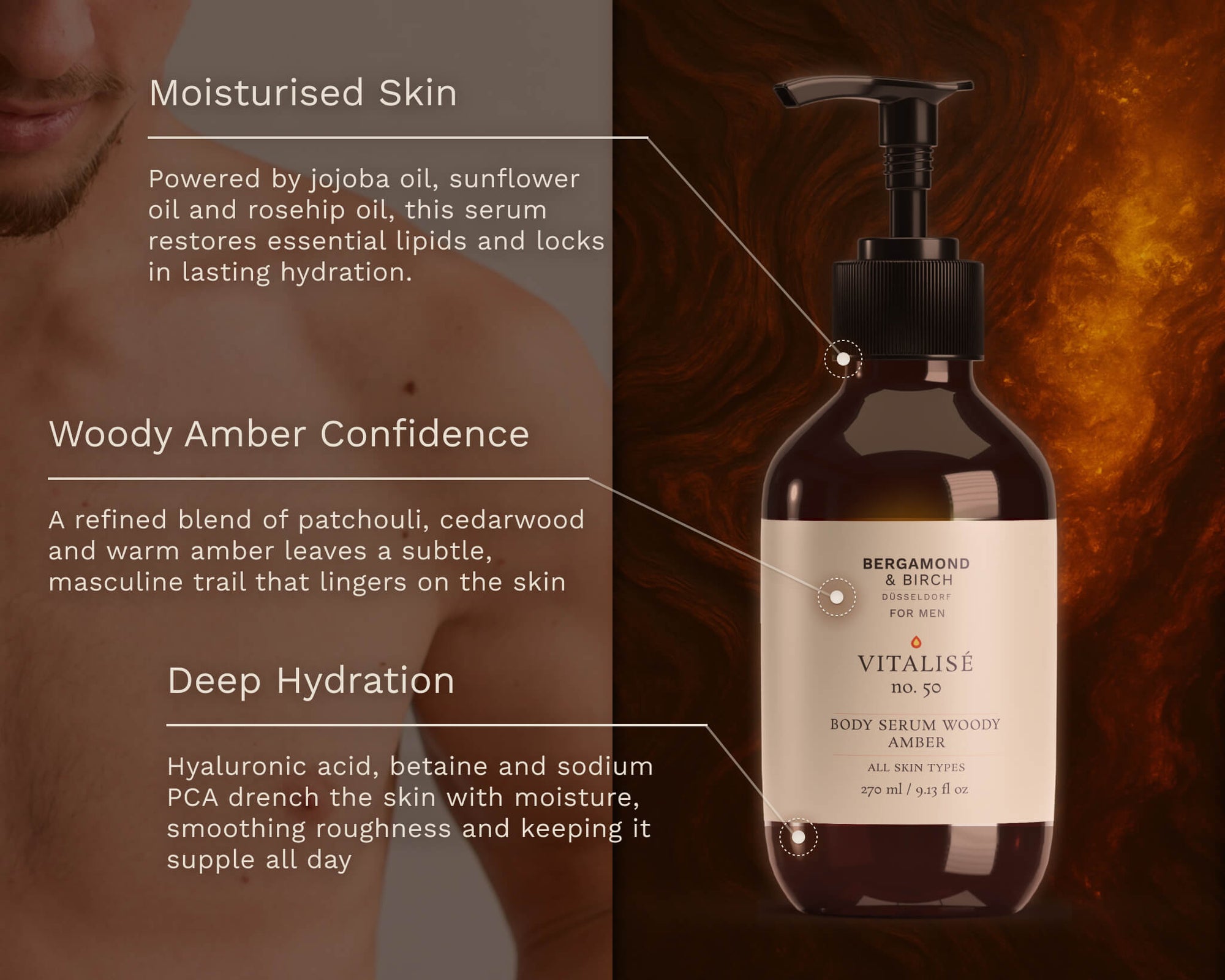 Bergamond &amp; Birch Vitalisé No. 50 Body Serum Woody Amber shown with text highlighting hydration, jojoba oil, sunflower oil, rosehip oil, hyaluronic acid and woody amber scent for moisturised skin.
