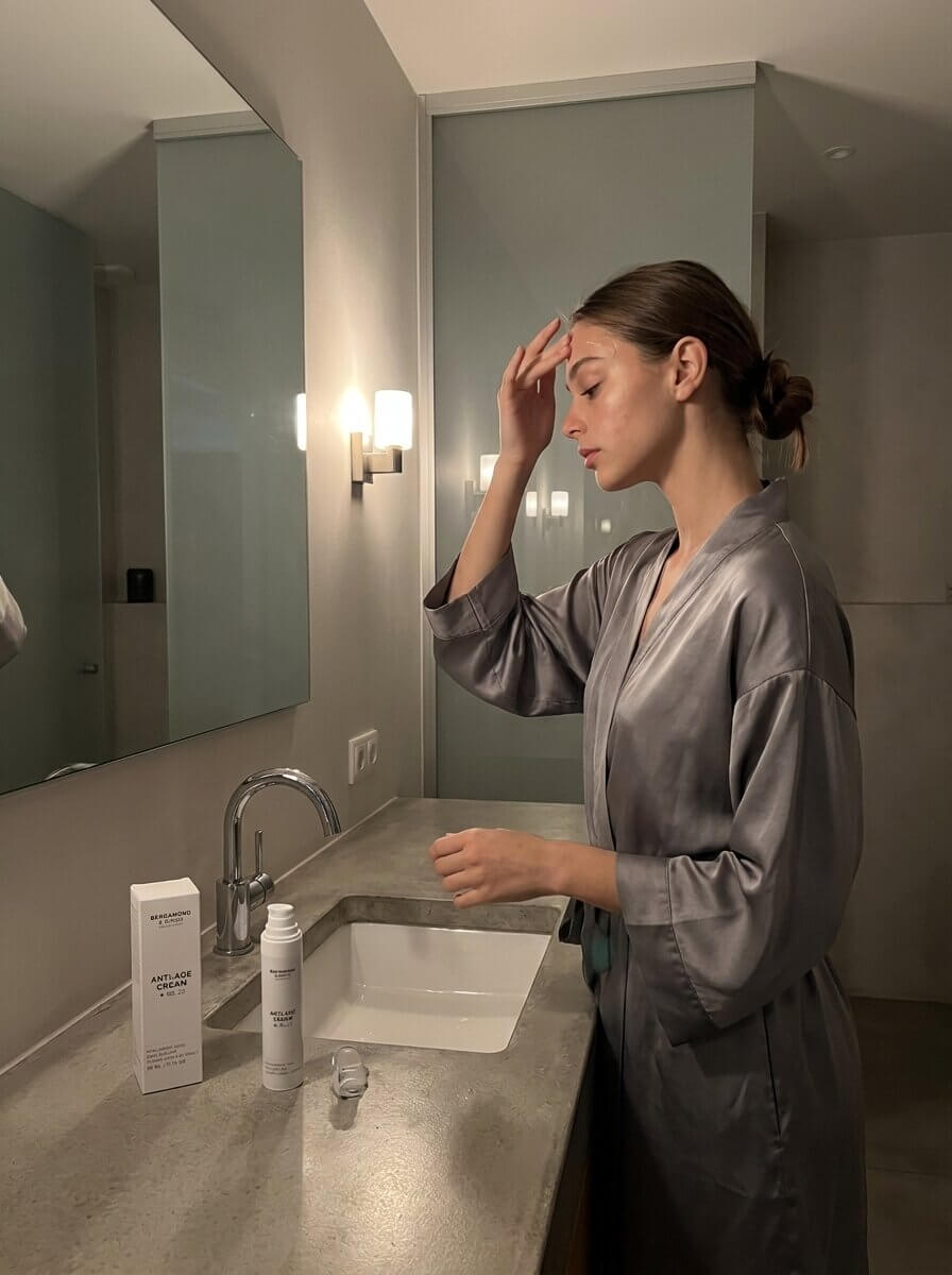 Frau im grauen Seidenmorgenmantel steht abends im Badezimmer vor dem Spiegel und massiert BERGAMOND & RICH Anti-Age Cream No. 23 in ihre Stirn ein, die geöffnete Cremeflasche und Kartonverpackung stehen neben dem Waschbecken – ruhige Anti-Aging-Gesichtspflege-Routine.