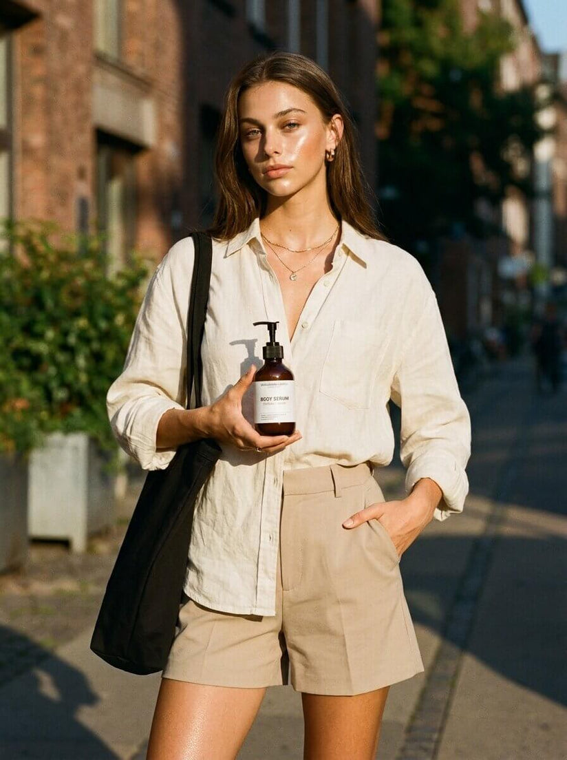 Frau in heller Bluse und Shorts steht in einer sonnigen Stadtstraße und hält BERGAMOND & RICH Body Serum ‘Woody Amber’ in der Hand, Lifestyle-Aufnahme für moderne Körperpflege im Alltag.