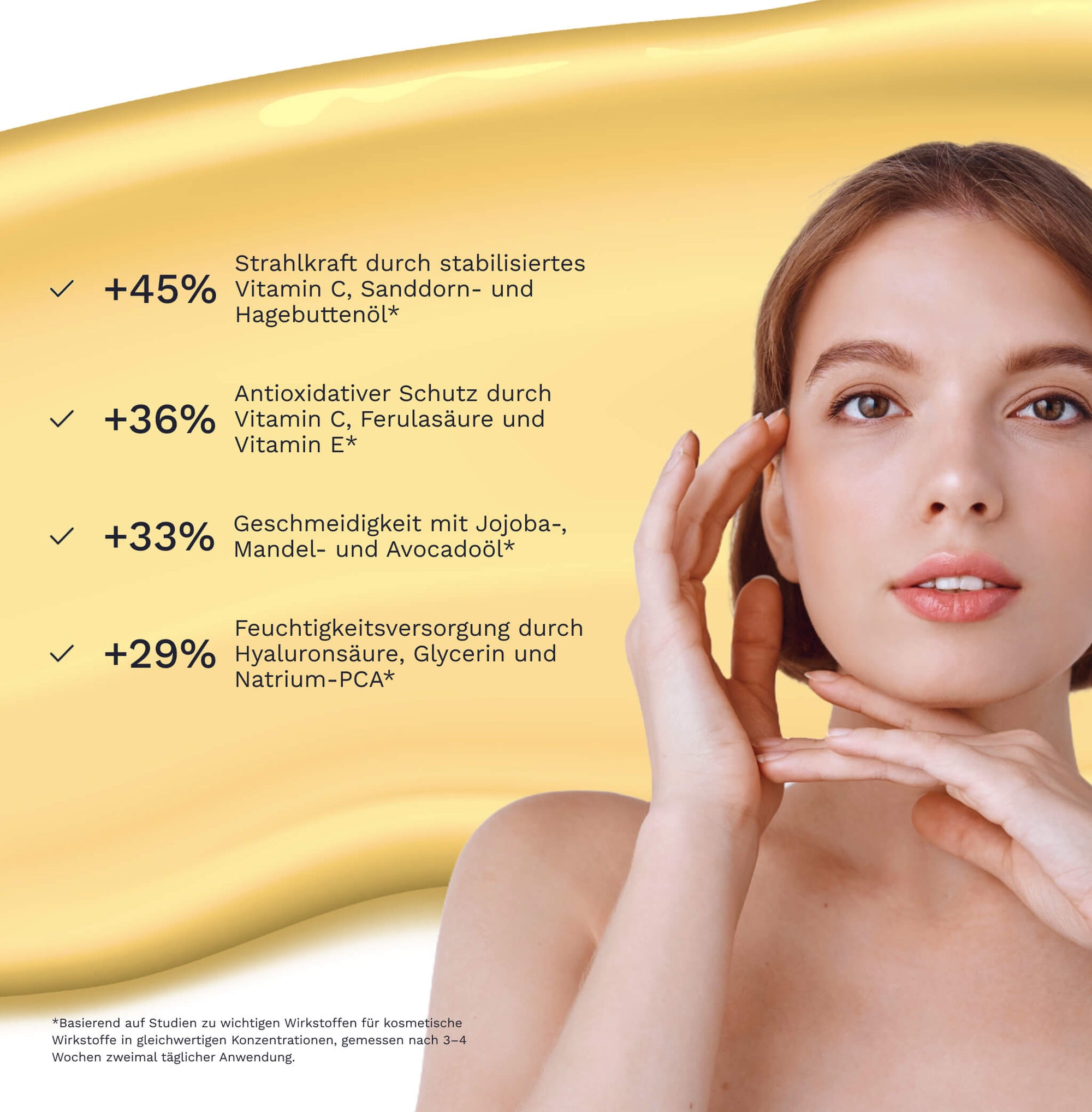 Model mit freier Schulter vor goldenem Serumhintergrund hält die Hände ans Gesicht neben eingeblendeten Wirksamkeitswerten zu Strahlkraft antioxidativem Schutz Geschmeidigkeit und Feuchtigkeitsversorgung nach Anwendung von Clarite No 19 Vitamin C Glow Serum