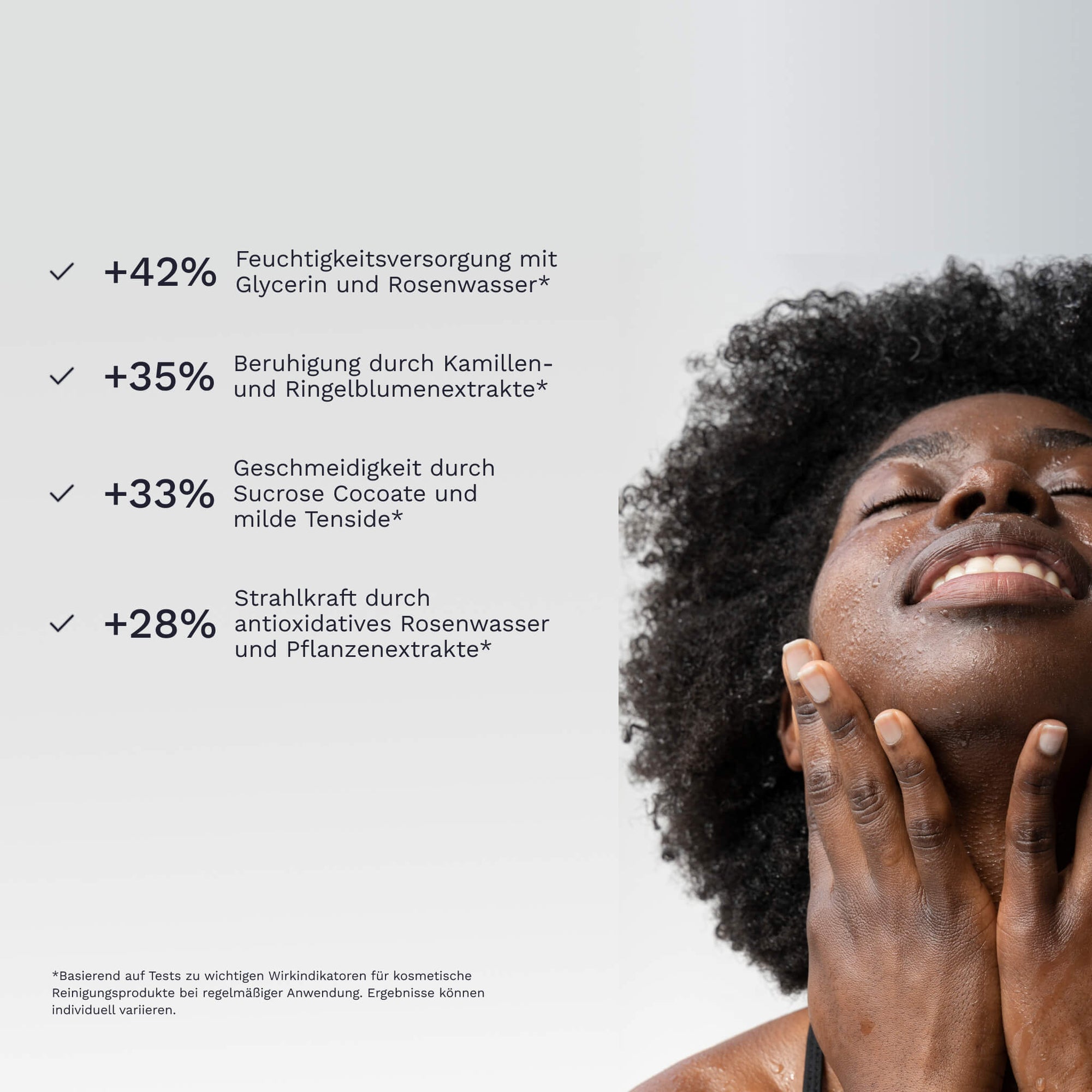 Model mit dunklem lockigem Haar berührt ihr Gesicht vor hellem Hintergrund neben eingeblendeten Wirksamkeitswerten zu Feuchtigkeit Beruhigung Geschmeidigkeit und Strahlkraft nach Anwendung des Foaming Facial Wash No 18
