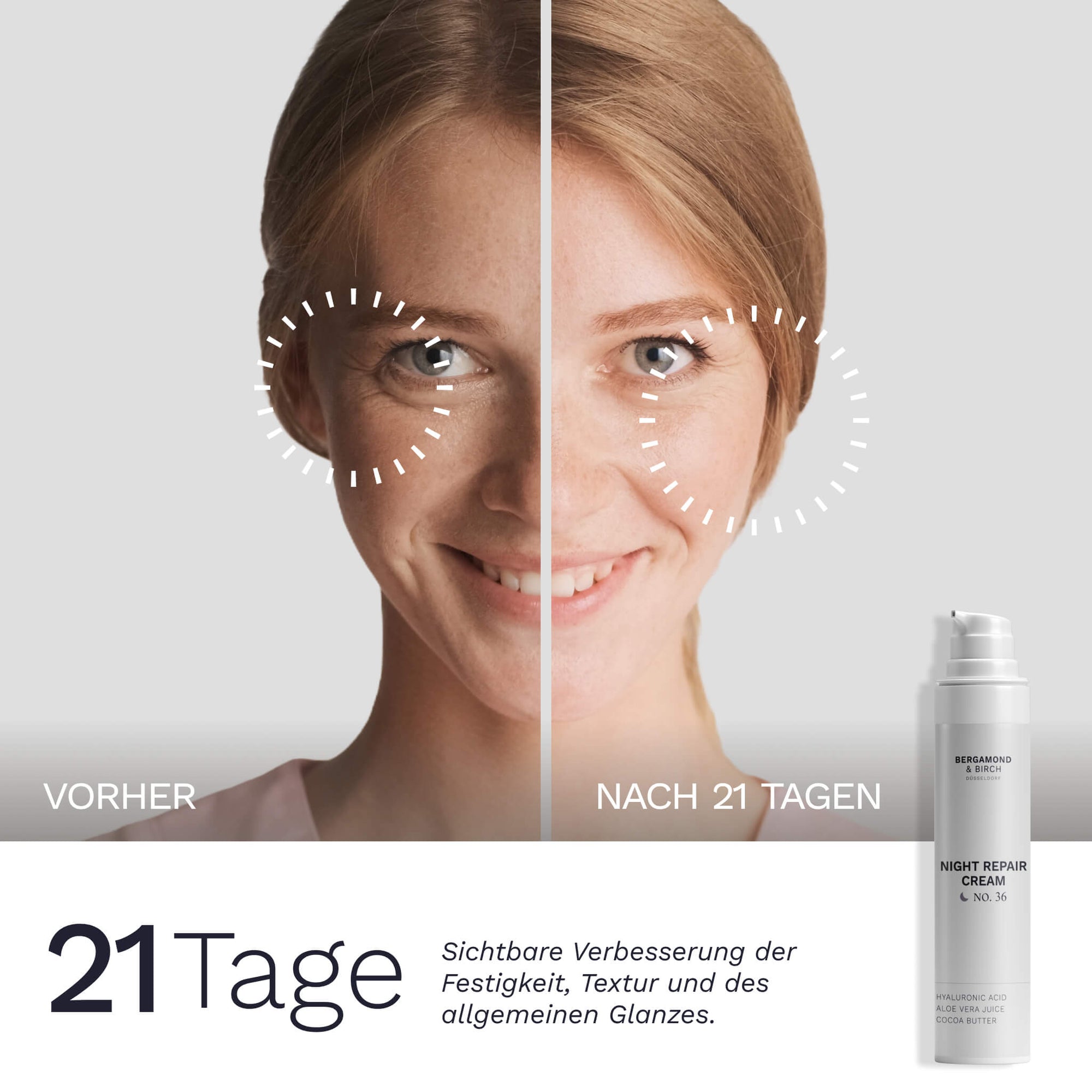 Vorher nachher Vergleich der Gesichtshaut über 21 Tage mit Night Repair Cream No 36 von Bergamond & Birch sichtbare Verbesserung von Festigkeit Textur und Hautglanz
