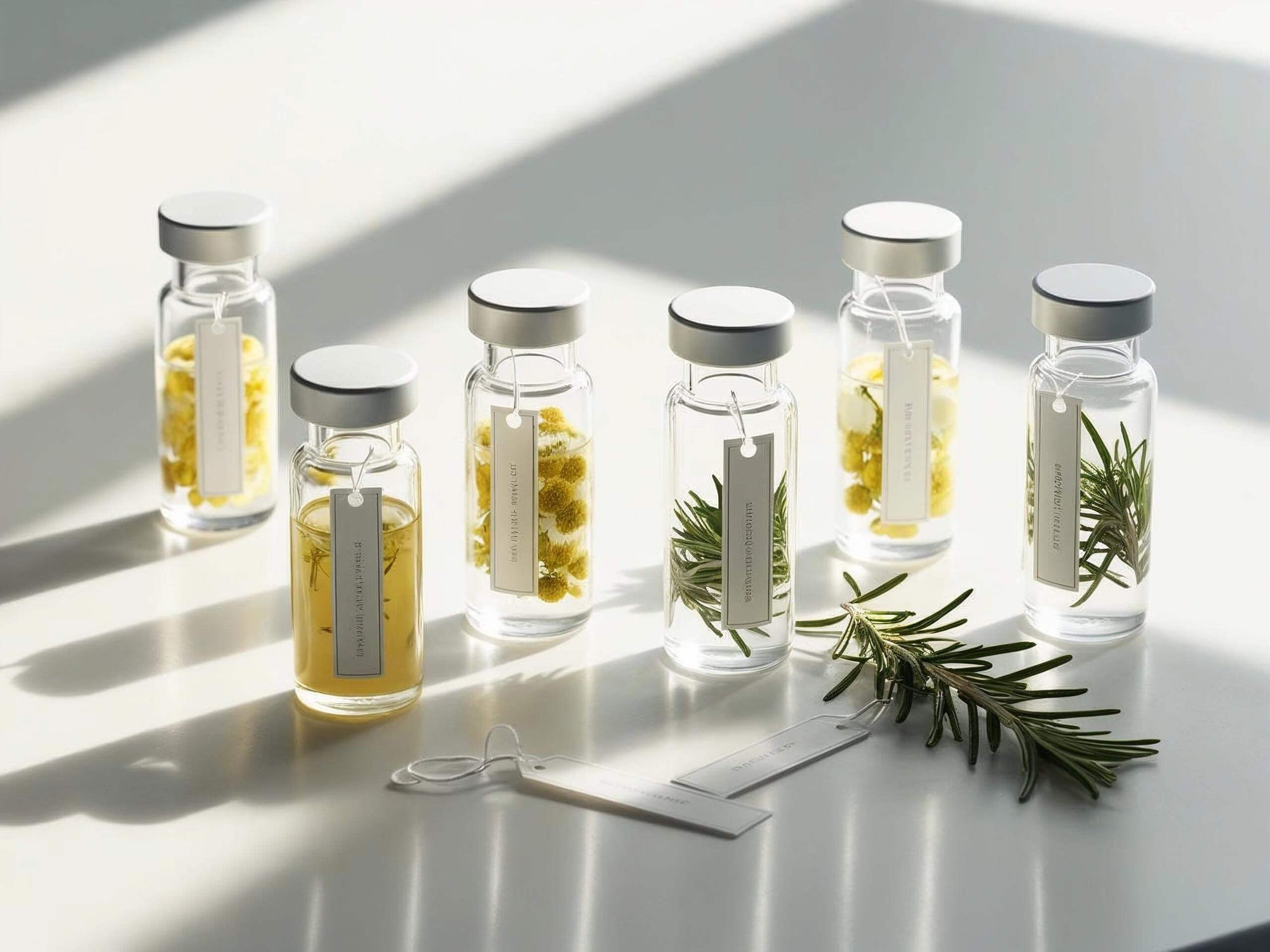 Glass vials with botanical extracts and herbs in daylight – traceable plant-based skincare ingredients