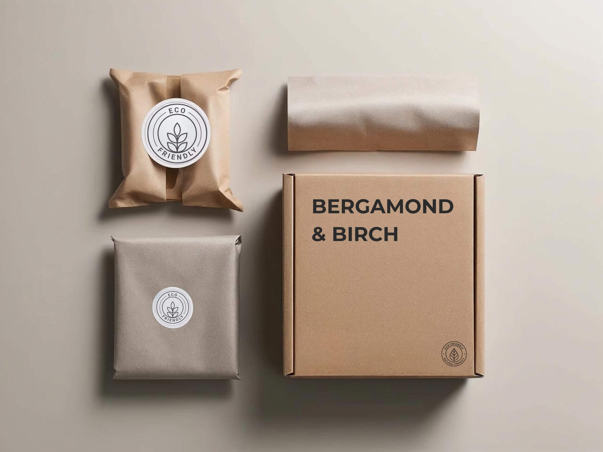 Sustainable shipping packaging with eco-friendly stickers and kraft boxes – CO₂-neutral fulfillment by Bergamond & Birch