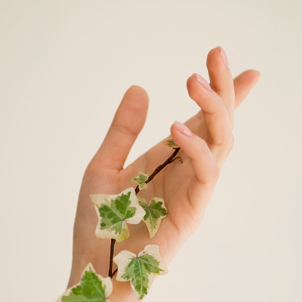 Zarte Hand, umwickelt von einer grünen Efeuranke, vor hellem, neutralem Hintergrund.