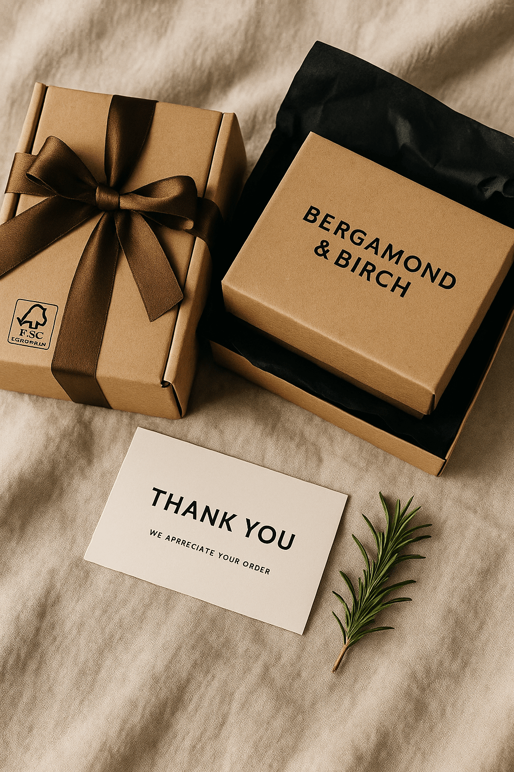 Bergamond & Birch gift boxes with FSC-certified ribbon – showcasing premium skincare with eco-conscious, plastic-free packaging for a luxury unboxing experience.