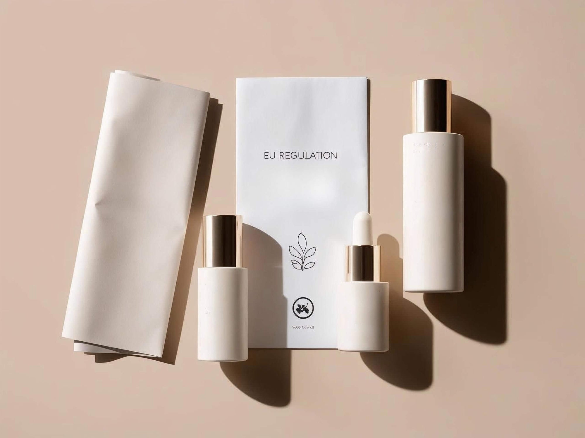 Minimalist cosmetic bottles and document labeled EU Regulation – compliance with EU cosmetic safety standards