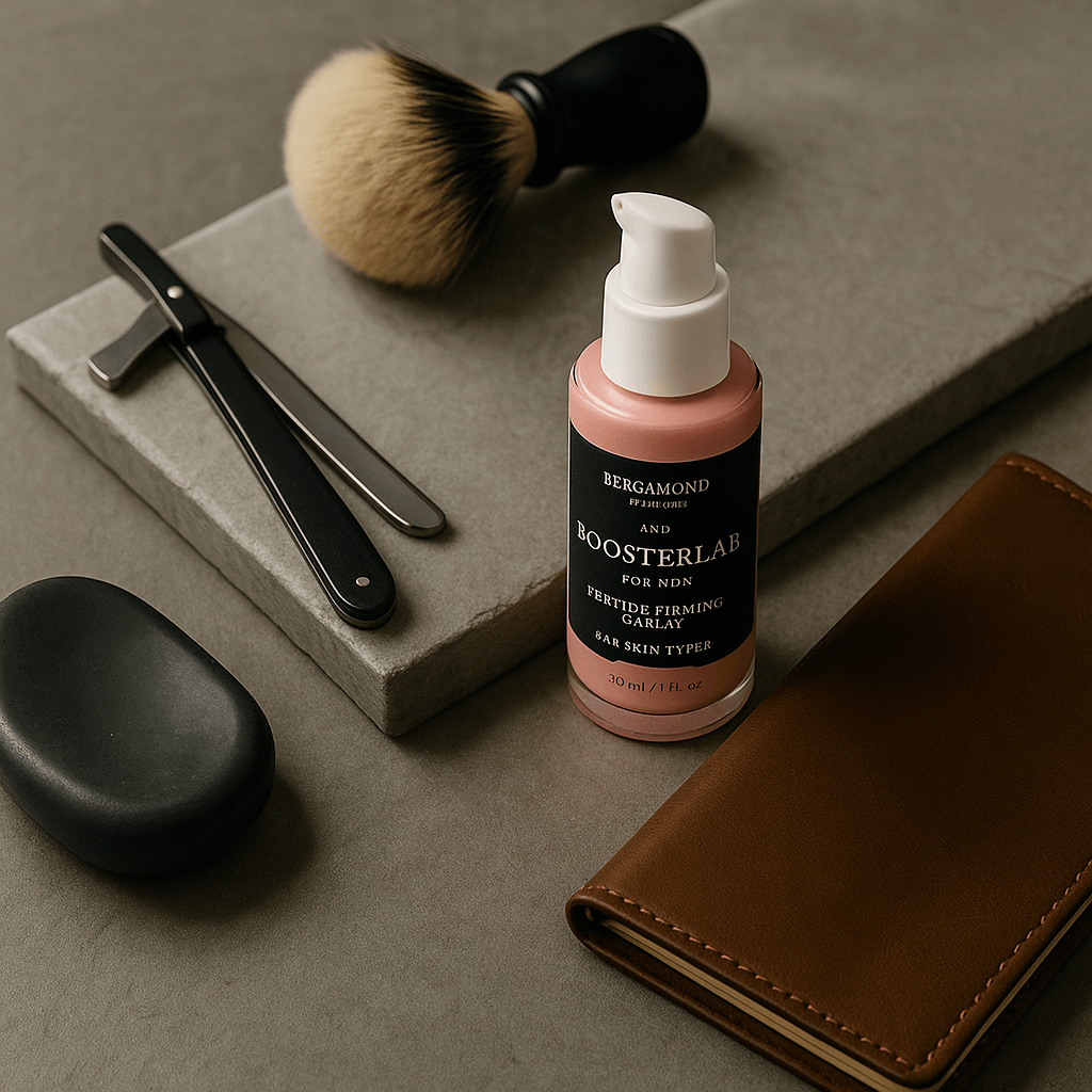 Flatlay with shaving tools and Bergamond & Birch BoosterLab Serum – designed for modern skincare routines, blending premium care and aesthetic minimalism.