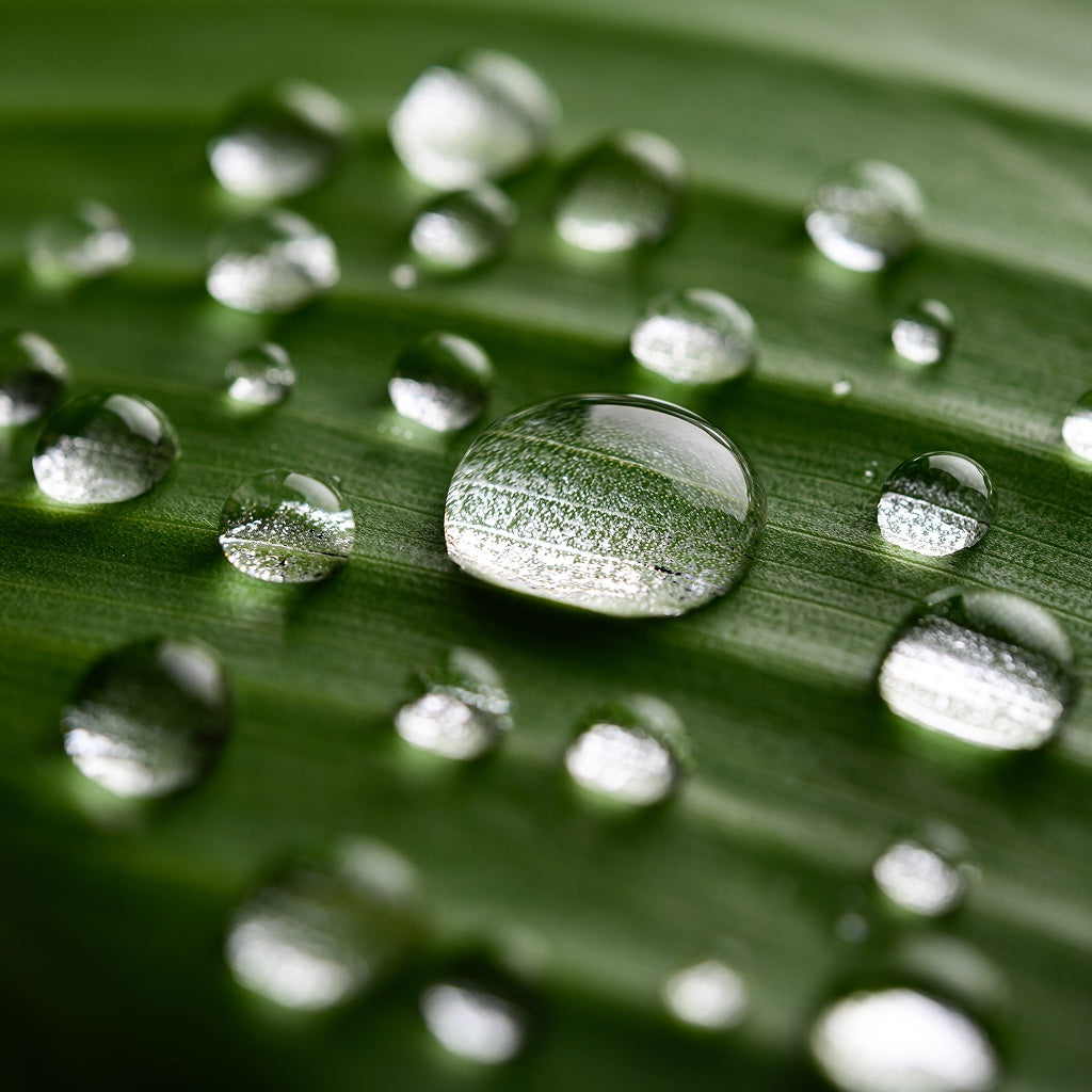 Nahaufnahme von klaren Wassertropfen auf einem grünen Blatt mit sichtbarer Blattstruktur.