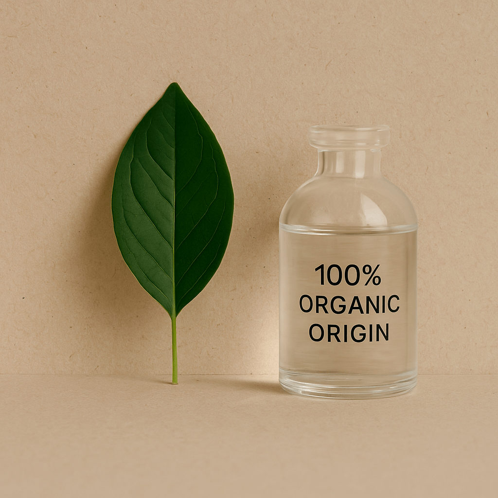 Glass container labeled 100% Organic Origin beside a green leaf – COSMOS & ECOCERT certified skincare ingredients.