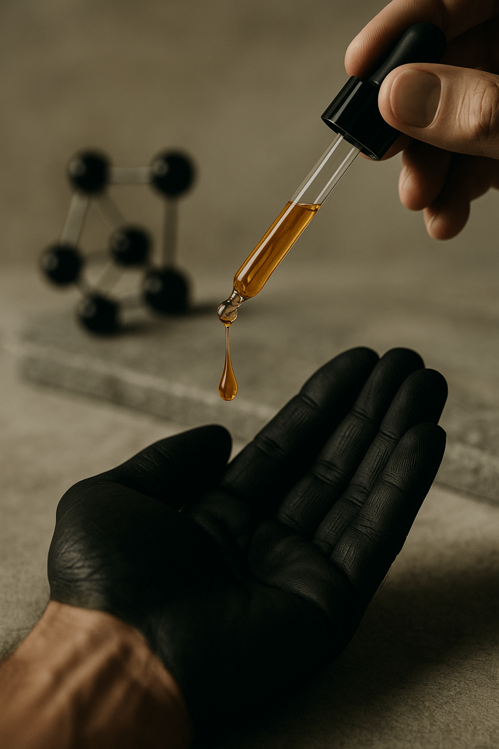 A drop of amber serum falling from a glass pipette into a gloved hand, conveying precision, dermatological expertise, and high-performance skincare rituals.