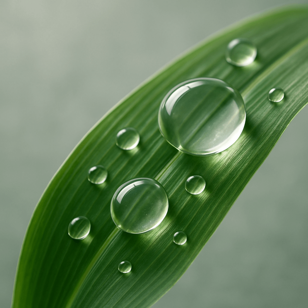 Close-up of crystal-clear water droplets resting on a green leaf, symbolizing deep hydration and natural purity in botanical skincare.
