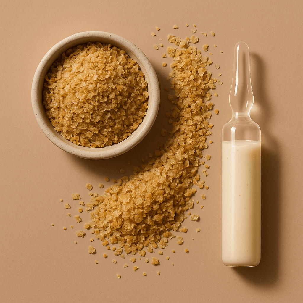 Natürlicher Weizenkeim in Keramikschale und moderne Hautpflegeampulle auf beigefarbenem Hintergrund – Symbol für vitaminreiche Inhaltsstoffe, regenerierende Wirkung und natürliche Wirkstoffkosmetik für Männer.